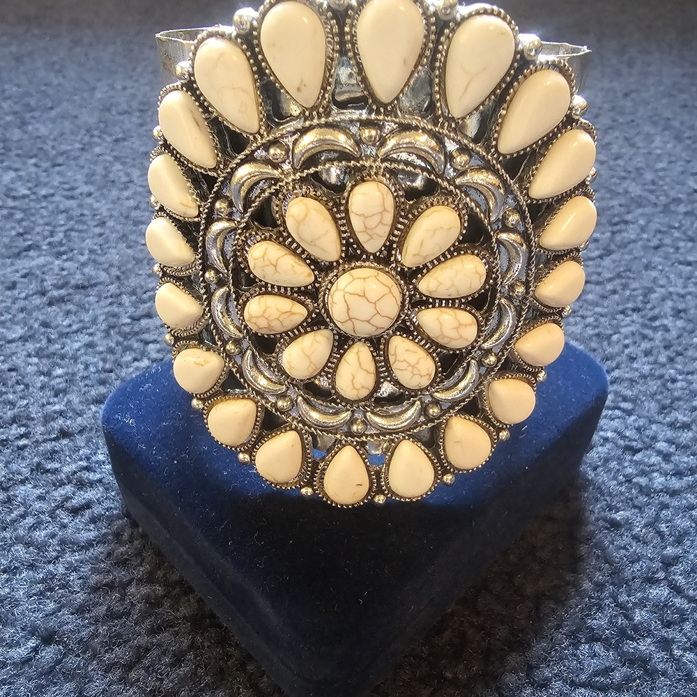 Cream Stone Floral Statement Cuff Bracelet